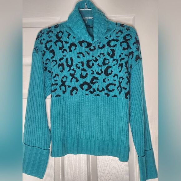 NWT Nine West M TurquoisBlackRibbed LeopardKnit Cropped Turtleneck Women Sweater - Picture 6 of 12